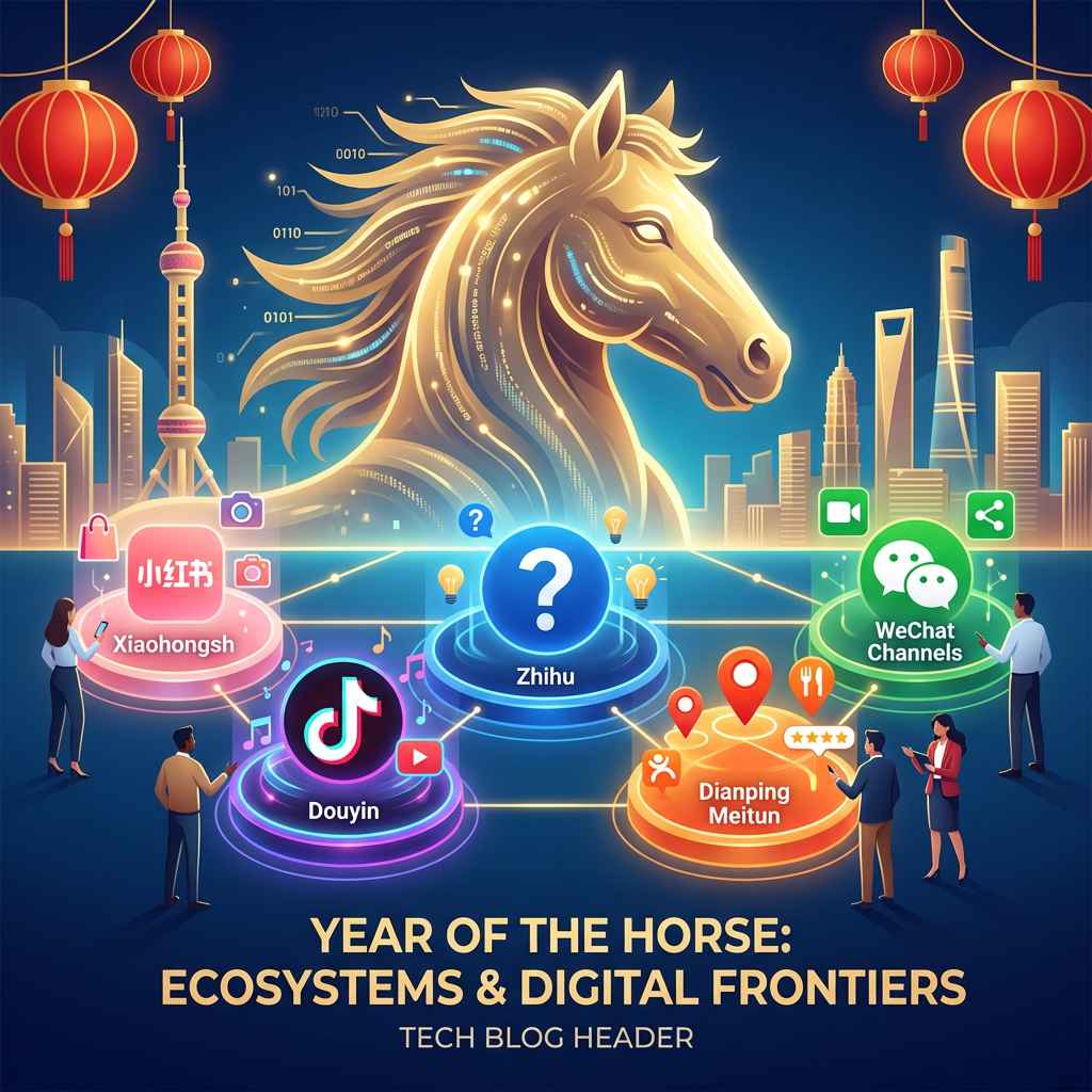 Digital illustration showing the Year of the Horse with interconnected platform spheres representing Xiaohongshu, Douyin, Zhihu, Dianping, and WeChat Channels around the Shanghai skyline.