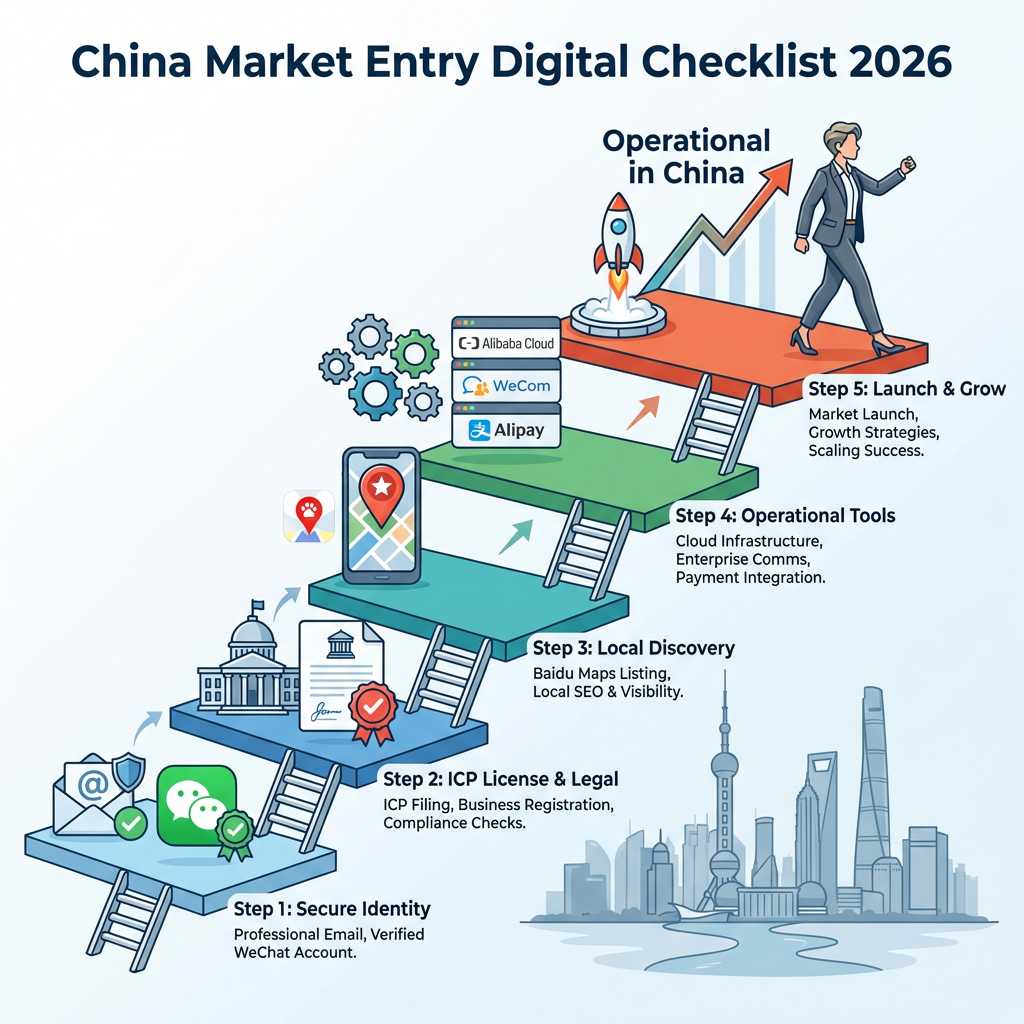 Infographic: The 5-step digital checklist for foreign SMEs entering the China market in 2026, from legal setup to launch.