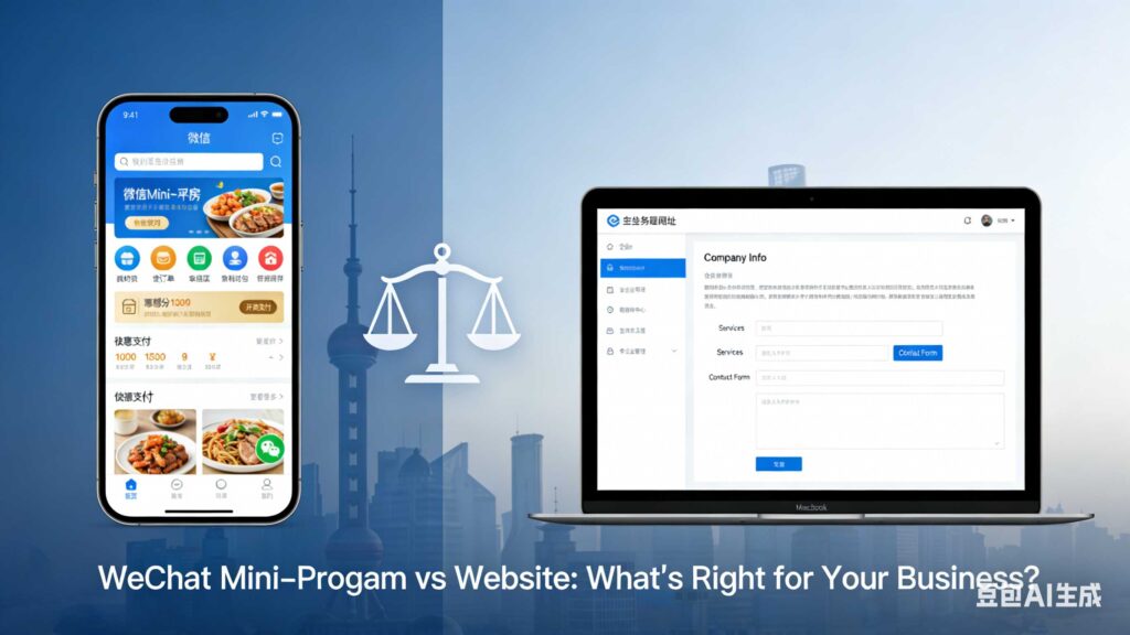 A clear, balanced visual comparison showing a smartphone displaying a WeChat Mini-Program interface on one side and a laptop showing a professional website on the other.