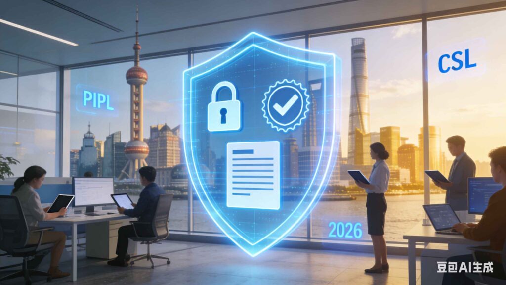 Professional illustration showing digital shield protecting a modern Shanghai office with skyline view, representing 2026 data compliance for SMEs