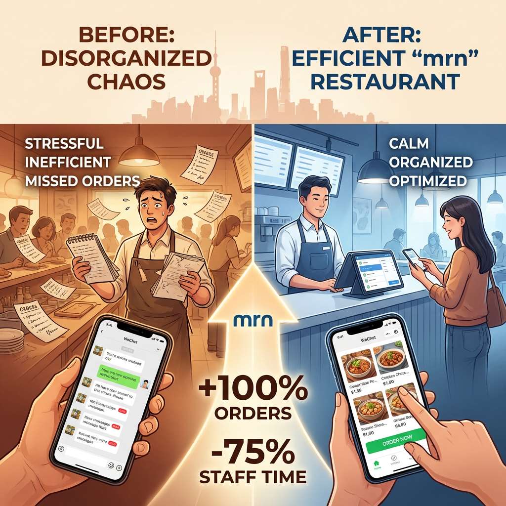 Split-screen illustration showing before-and-after of a Shanghai restaurant using a WeChat Mini-Program: left side shows chaotic manual order management with messy WeChat chats and paper notebooks; right side shows efficient digital ordering with Mini-Program interface and tablet dashboard. +100% orders and -75% staff time results displayed.