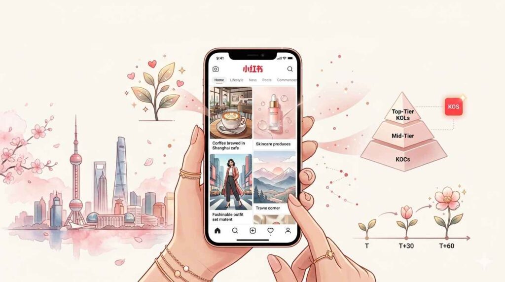 Digital illustration showing the Xiaohongshu ecosystem with smartphone displaying lifestyle content, surrounded by visual elements representing Zhong Cao, creator tiers, and ROI framework, with Shanghai skyline.
