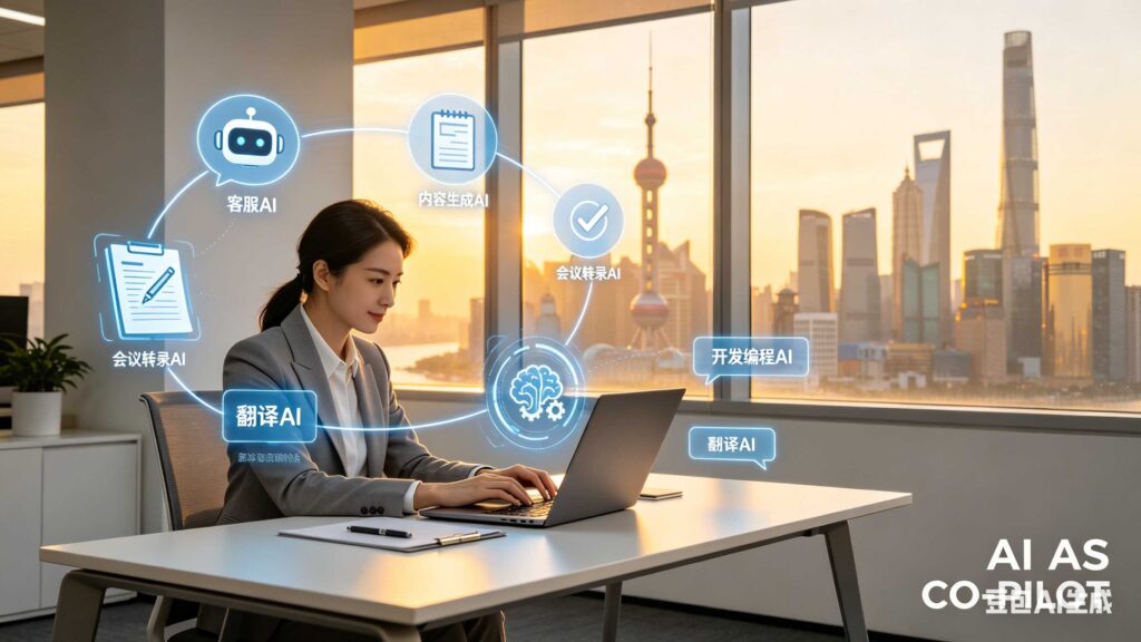 Digital illustration showing a Shanghai professional working at a laptop with floating holographic icons representing practical AI tools: customer service chatbot, content creation, meeting transcription, coding assistance, and translation. Shanghai skyline visible through window.