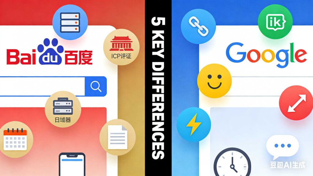 Split-screen infographic comparing Baidu SEO and Google SEO. Left side shows Baidu's red interface with icons for ICP license, local hosting, domain age, mobile-first, and formal content. Right side shows Google's multicolor interface with icons for backlinks, user experience, page speed, freshness, and natural language. Center text: '5 KEY DIFFERENCES'.