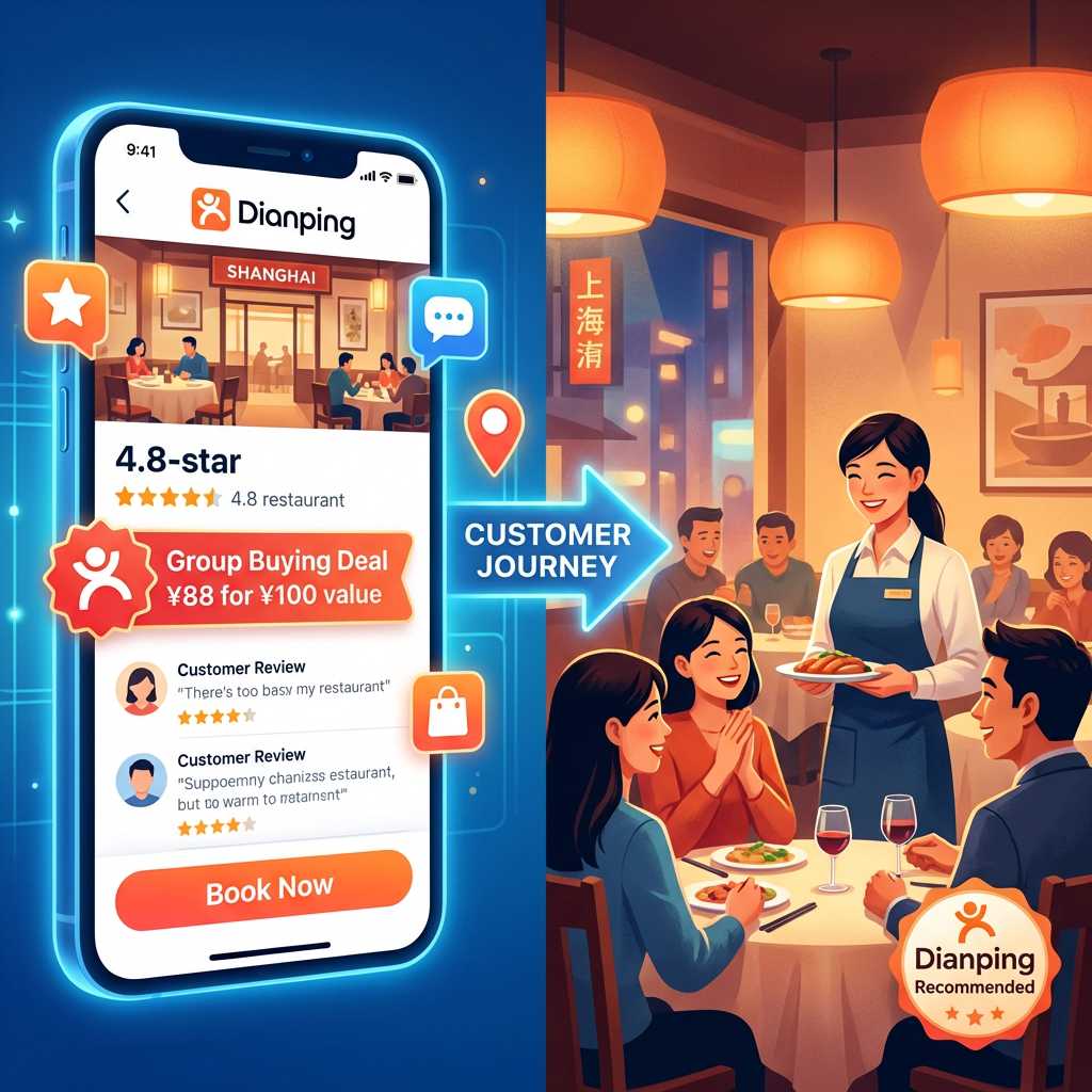 Split-screen digital illustration showing a smartphone with Dianping app interface on the left and a busy Shanghai restaurant on the right, connected by glowing trust signals and icons for ratings, reviews, location, and transactions.