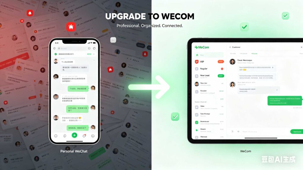 Split-screen illustration comparing chaotic personal WeChat use on the left with organized WeCom business operations on the right, showing customer tags, profiles, team collaboration, and broadcast tools in clean green interface. WeCom guide.