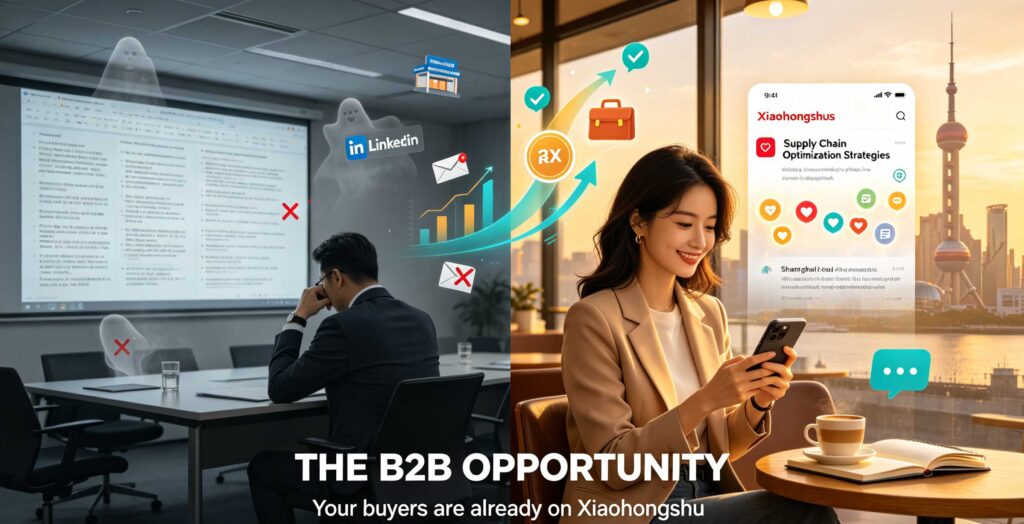 Split-screen illustration comparing outdated B2B marketing (dark conference room, PowerPoint) with modern Xiaohongshu B2B engagement (young professional researching on smartphone in bright Shanghai café, showing professional content on app). Text overlay: 'THE B2B OPPORTUNITY' and 'Your buyers are already on Xiaohongshu.'