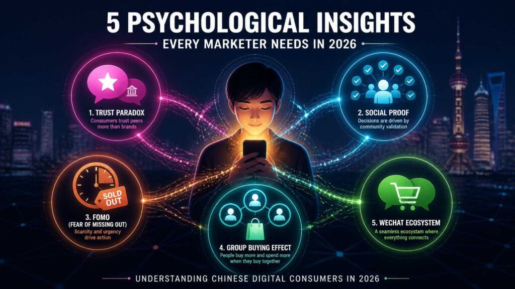 Conceptual illustration showing a Chinese digital consumer at the center of five interconnected psychological forces: Trust Paradox, Social Proof, FOMO, Group Buying Effect, and WeChat Ecosystem, visualized as glowing nodes with icons radiating outward against a deep blue digital background with faint Shanghai skyline.