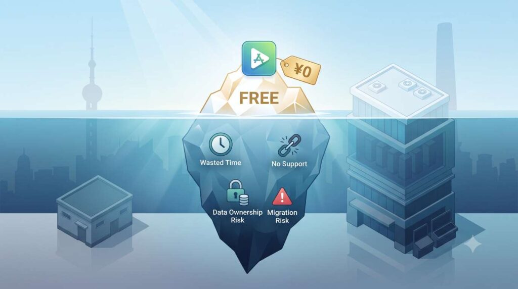 Iceberg illustration showing a small visible 'FREE' tip above water and a much larger hidden mass below representing wasted time, lack of support, data ownership risk, and migration costs of freemium software tools.