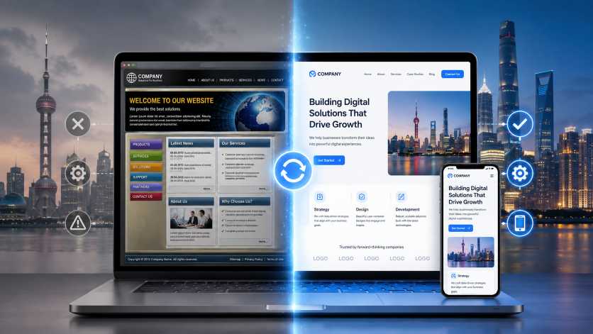 Split-screen illustration comparing an outdated cluttered website on the left with a modern, mobile-optimized redesign on the right, representing the decision between a website refresh and full redesign.