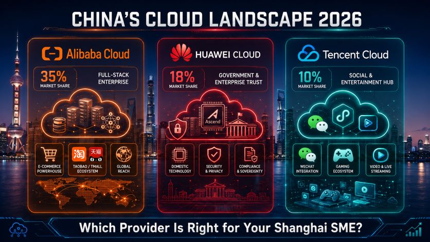 Triptych illustration comparing China's three major cloud providers: Alibaba Cloud (orange panel, 35% market share), Huawei Cloud (red panel, 18% market share), and Tencent Cloud (blue-green panel, 10% market share), with Shanghai skyline background and key strengths for each provider.